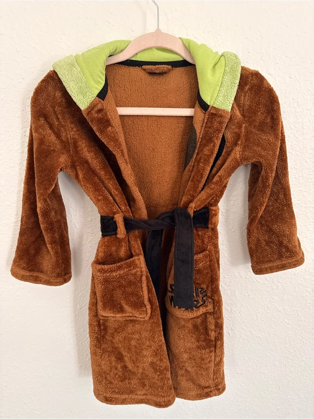 Disney Kids Plush Hooded Robe in Brown with Lime Accent Bundle With Kids Shirts